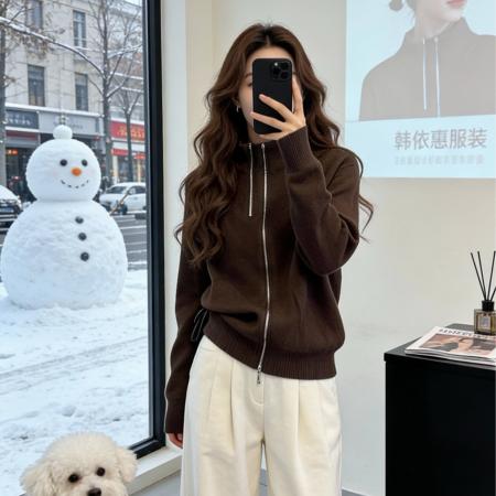 秋冬季韩系简约风双拉炼针织开衫女秋冬翻领灰色毛衣外套上衣 服裝批發女裝批發服飾貨源