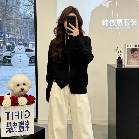 FA51809# 秋冬季韩系简约风双拉炼针织开衫女秋冬翻领灰色毛衣外套上衣 服裝批發女裝批發服飾貨源