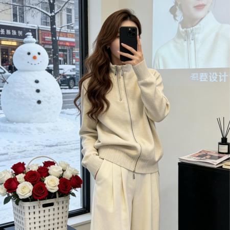 FA51809# 秋冬季韩系简约风双拉炼针织开衫女秋冬翻领灰色毛衣外套上衣 服裝批發女裝批發服飾貨源