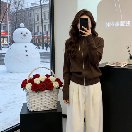 FA51809# 秋冬季韩系简约风双拉炼针织开衫女秋冬翻领灰色毛衣外套上衣 服裝批發女裝批發服飾貨源