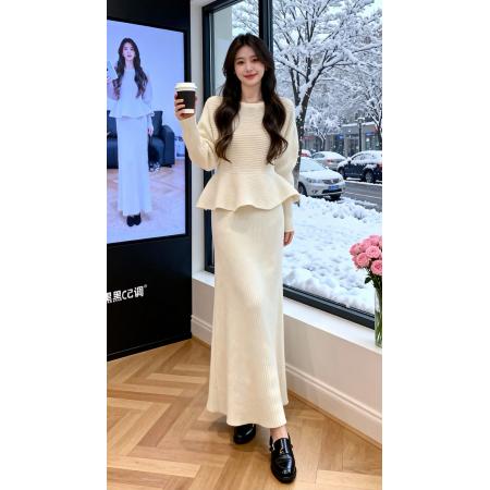 FA51810# 法式气质小香风针织套装裙女秋冬新款收腰修身上衣包臀裙套装 服裝批發女裝批發服飾貨源