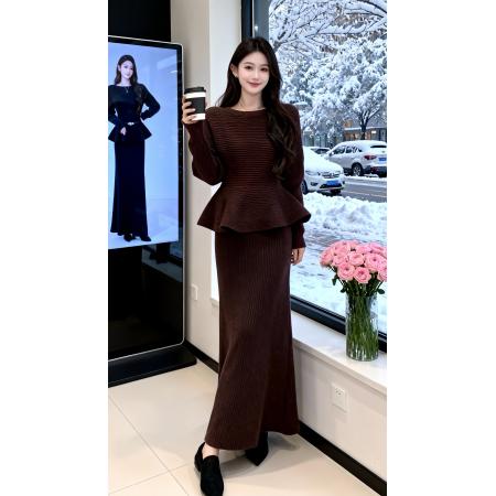 FA51810# 法式气质小香风针织套装裙女秋冬新款收腰修身上衣包臀裙套装 服裝批發女裝批發服飾貨源