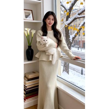 FA51810# 法式气质小香风针织套装裙女秋冬新款收腰修身上衣包臀裙套装 服裝批發女裝批發服飾貨源