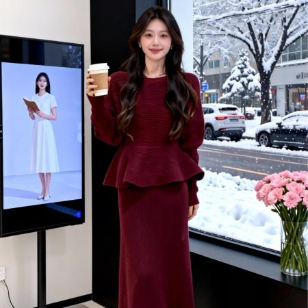 FA51810# 法式气质小香风针织套装裙女秋冬新款收腰修身上衣包臀裙套装 服裝批發女裝批發服飾貨源