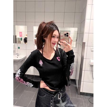 FA51811# V领+后包领印花40支纯棉上衣休闲t恤女秋季短袖修身百搭打底 服裝批發女裝批發服飾貨源