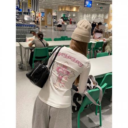 FA51811# V领+后包领印花40支纯棉上衣休闲t恤女秋季短袖修身百搭打底 服裝批發女裝批發服飾貨源