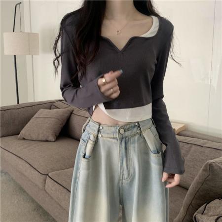 FA51814# 假两件拼色桃心领春秋内搭打底衫短款长袖t恤女 服裝批發女裝批發服飾貨源