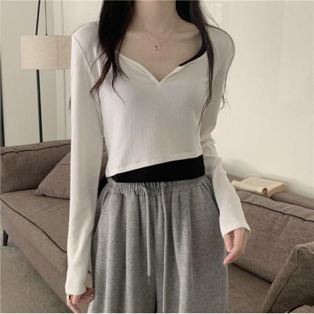 FA51814# 假两件拼色桃心领春秋内搭打底衫短款长袖t恤女 服裝批發女裝批發服飾貨源