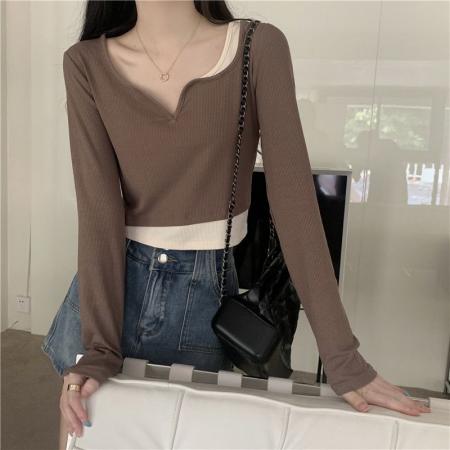 FA51814# 假两件拼色桃心领春秋内搭打底衫短款长袖t恤女 服裝批發女裝批發服飾貨源