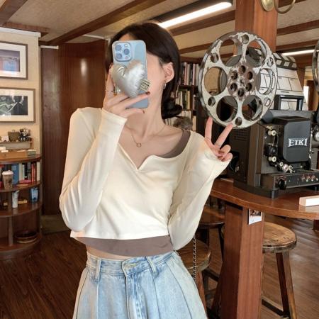 FA51814# 假两件拼色桃心领春秋内搭打底衫短款长袖t恤女 服裝批發女裝批發服飾貨源