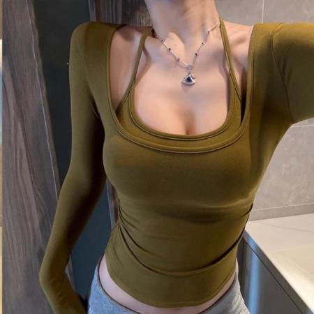 FA51815# 假两件拼色桃心领春秋内搭打底衫短款长袖t恤女 服裝批發女裝批發服飾貨源