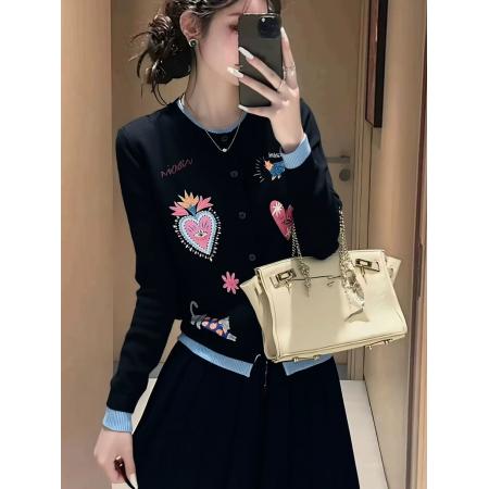 FA51816# 藏蓝色毛衣套装女新款秋冬穿搭一整套提花上衣 服裝批發女裝批發服飾貨源