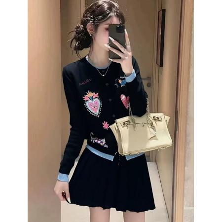 FA51816# 藏蓝色毛衣套装女新款秋冬穿搭一整套提花上衣 服裝批發女裝批發服飾貨源