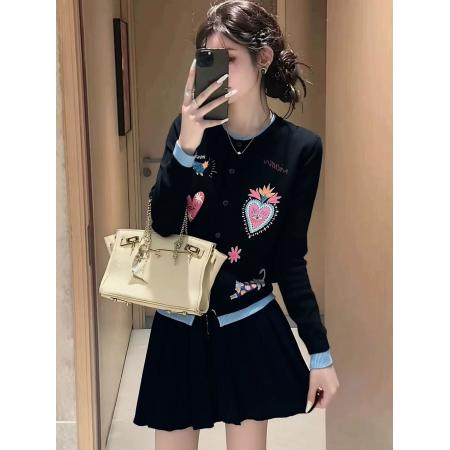 FA51816# 藏蓝色毛衣套装女新款秋冬穿搭一整套提花上衣 服裝批發女裝批發服飾貨源