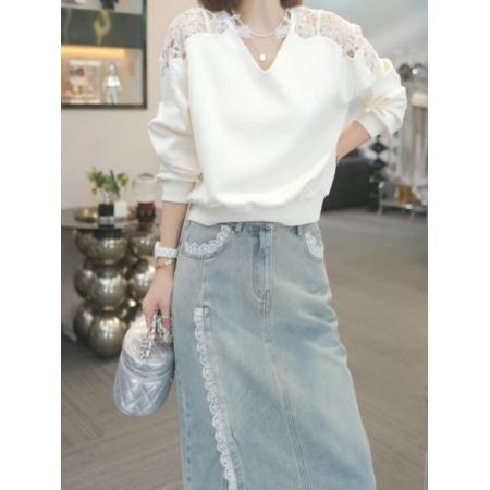 FA51820# 熙薇春深似海春季新款时尚休闲直筒显瘦蕾丝百搭牛仔裙 服裝批發女裝批發服飾貨源