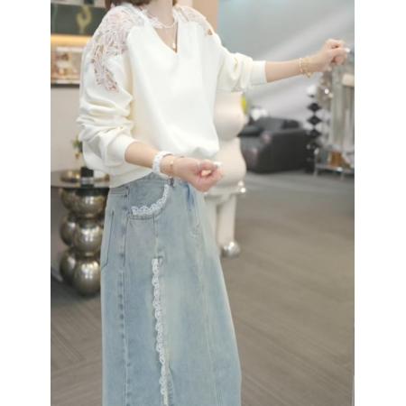 FA51820# 熙薇春深似海春季新款时尚休闲直筒显瘦蕾丝百搭牛仔裙 服裝批發女裝批發服飾貨源