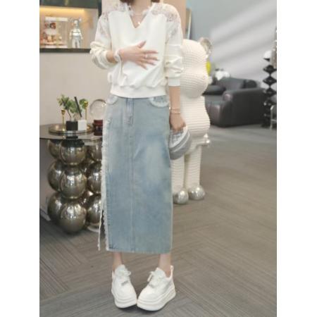 FA51820# 熙薇春深似海春季新款时尚休闲直筒显瘦蕾丝百搭牛仔裙 服裝批發女裝批發服飾貨源