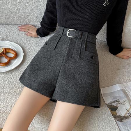FA51823# 休闲短裤女秋冬新款高腰西装毛呢短裤口袋呢子A字阔腿裤 服裝批發女裝批發服飾貨源