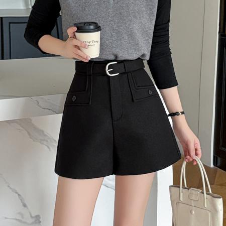 FA51823# 休闲短裤女秋冬新款高腰西装毛呢短裤口袋呢子A字阔腿裤 服裝批發女裝批發服飾貨源