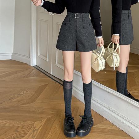 FA51823# 休闲短裤女秋冬新款高腰西装毛呢短裤口袋呢子A字阔腿裤 服裝批發女裝批發服飾貨源