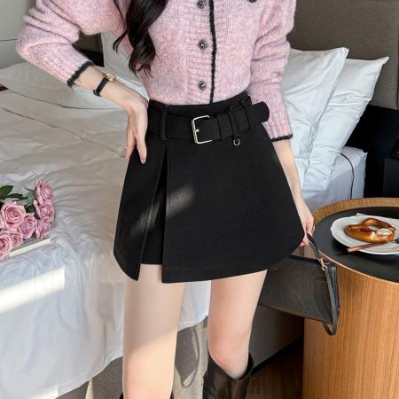 FA51824# 毛呢短裤裙女秋冬A字裙裤拼接腰带a字半身裙裤女呢子高腰短裤靴裤 服裝批發女裝批發服飾貨源