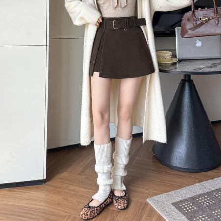 FA51824# 毛呢短裤裙女秋冬A字裙裤拼接腰带a字半身裙裤女呢子高腰短裤靴裤 服裝批發女裝批發服飾貨源