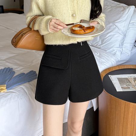 FA51825# 休闲短裤女秋冬新款高腰西装毛呢短裤口袋呢子A字阔腿裤 服裝批發女裝批發服飾貨源