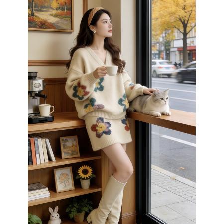 FA51826# 韩风chic一整套独特漂亮绝美复古v领针织衫短裙两件套装春季 服裝批發女裝批發服飾貨源