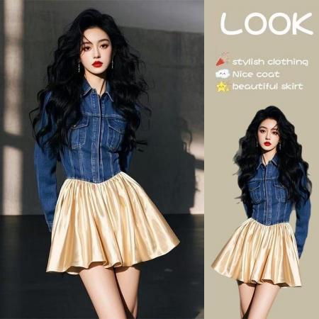 FA51828# 法式时尚洋气牛仔拼接气质连衣裙女春季新款A字裙独特别致小裙子 服裝批發女裝批發服飾貨源