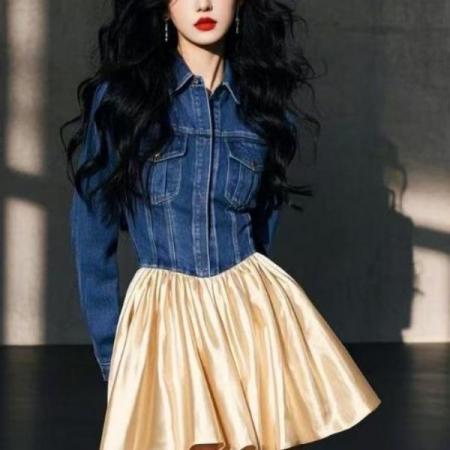 FA51828# 法式时尚洋气牛仔拼接气质连衣裙女春季新款A字裙独特别致小裙子 服裝批發女裝批發服飾貨源