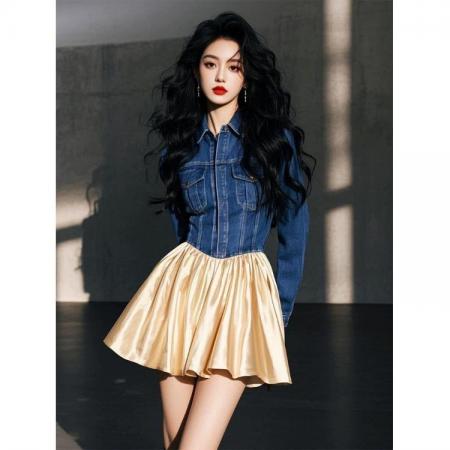 FA51828# 法式时尚洋气牛仔拼接气质连衣裙女春季新款A字裙独特别致小裙子 服裝批發女裝批發服飾貨源