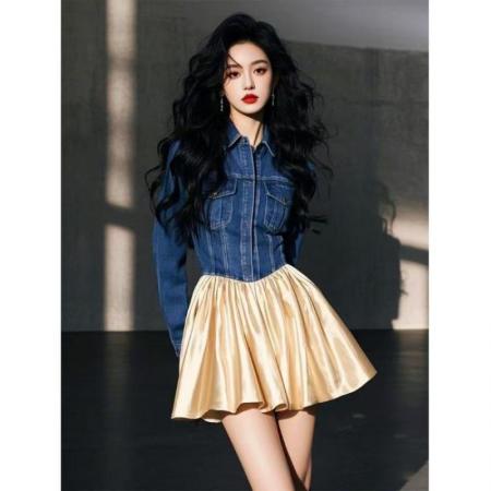 FA51828# 法式时尚洋气牛仔拼接气质连衣裙女春季新款A字裙独特别致小裙子 服裝批發女裝批發服飾貨源