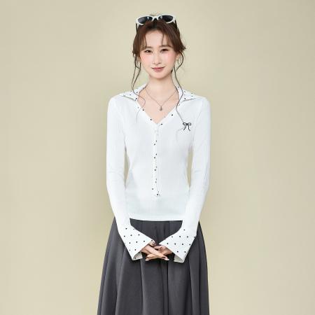 FA51830# 韩系波点领带拼接v领长袖t恤女秋季设计感内搭打底衫上衣 服裝批發女裝批發服飾貨源