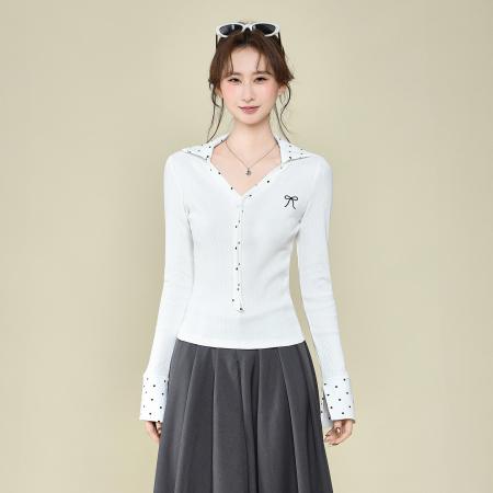 FA51830# 韩系波点领带拼接v领长袖t恤女秋季设计感内搭打底衫上衣 服裝批發女裝批發服飾貨源
