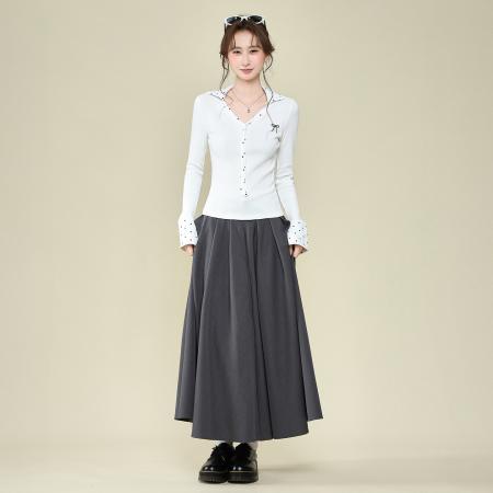 FA51830# 韩系波点领带拼接v领长袖t恤女秋季设计感内搭打底衫上衣 服裝批發女裝批發服飾貨源