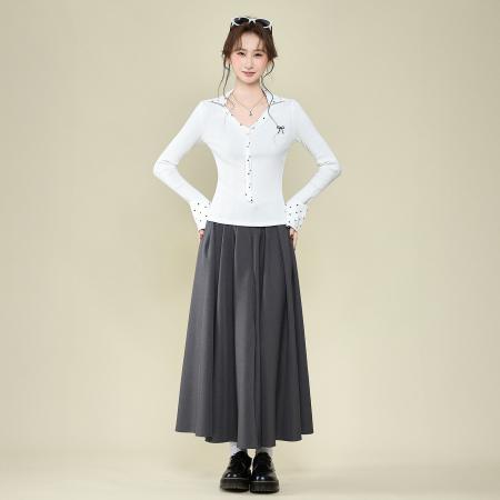 FA51830# 韩系波点领带拼接v领长袖t恤女秋季设计感内搭打底衫上衣 服裝批發女裝批發服飾貨源