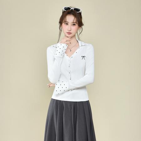 FA51830# 韩系波点领带拼接v领长袖t恤女秋季设计感内搭打底衫上衣 服裝批發女裝批發服飾貨源