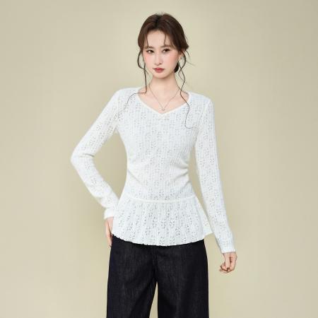 FA51831# 韩系V领设计感蕾丝镂空针织衫女秋冬季百搭内搭长袖上衣 服裝批發女裝批發服飾貨源