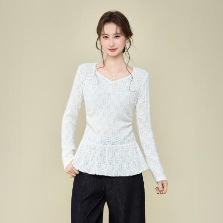 FA51831# 韩系V领设计感蕾丝镂空针织衫女秋冬季百搭内搭长袖上衣 服裝批發女裝批發服飾貨源