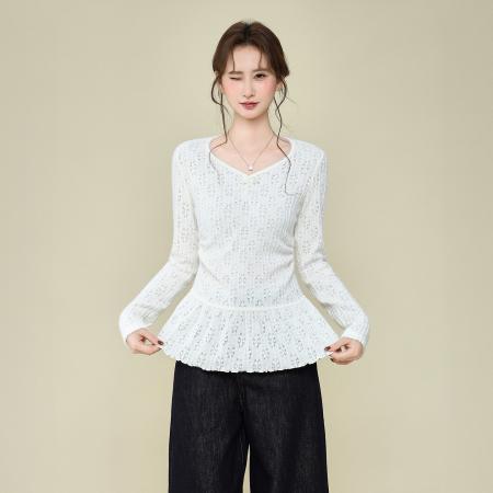 FA51831# 韩系V领设计感蕾丝镂空针织衫女秋冬季百搭内搭长袖上衣 服裝批發女裝批發服飾貨源