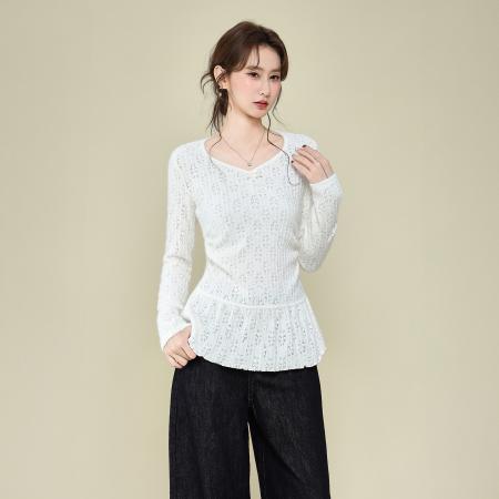 FA51831# 韩系V领设计感蕾丝镂空针织衫女秋冬季百搭内搭长袖上衣 服裝批發女裝批發服飾貨源