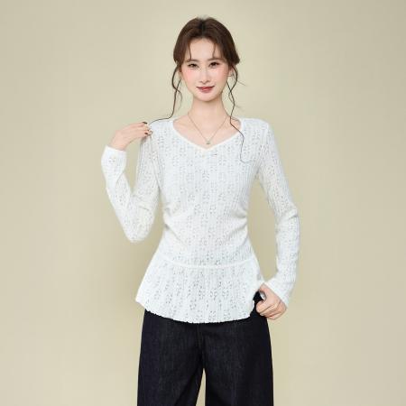 FA51831# 韩系V领设计感蕾丝镂空针织衫女秋冬季百搭内搭长袖上衣 服裝批發女裝批發服飾貨源