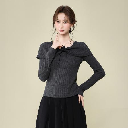 FA51832# 深灰色设计感花朵T恤长袖女冬季高级百搭针织打底衫上衣 服裝批發女裝批發服飾貨源