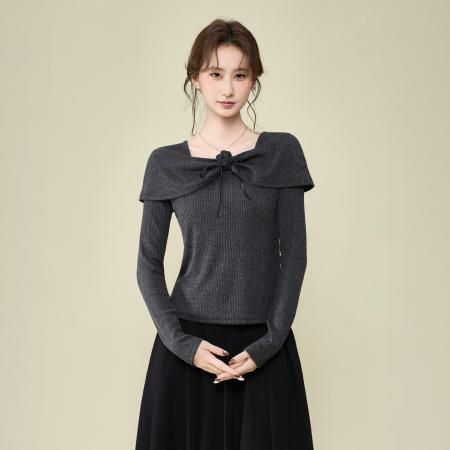 FA51832# 深灰色设计感花朵T恤长袖女冬季高级百搭针织打底衫上衣 服裝批發女裝批發服飾貨源