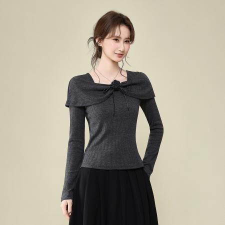 FA51832# 深灰色设计感花朵T恤长袖女冬季高级百搭针织打底衫上衣 服裝批發女裝批發服飾貨源