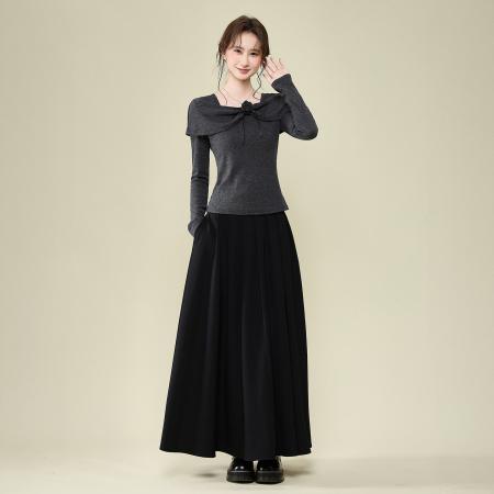 FA51832# 深灰色设计感花朵T恤长袖女冬季高级百搭针织打底衫上衣 服裝批發女裝批發服飾貨源