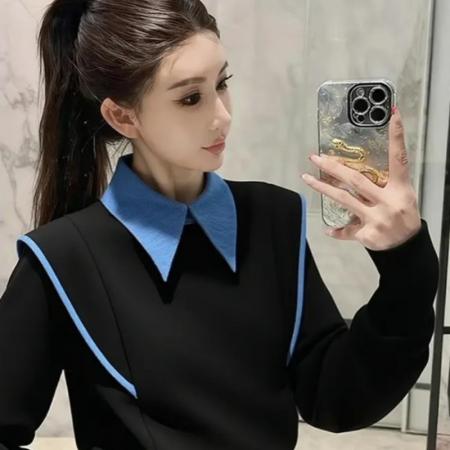 FA51834# 黑色假两件卫衣新款巨好看气质高端撞色上衣 服裝批發女裝批發服飾貨源