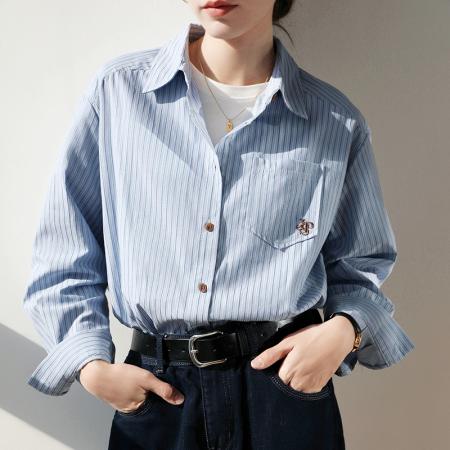 FA51835# 春秋高级感条纹衬衫女设计感小众OL职业通勤叠穿长袖衬衣 服裝批發女裝批發服飾貨源