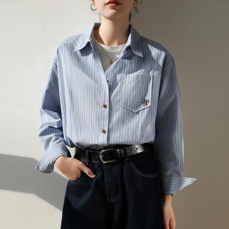 FA51835# 春秋高级感条纹衬衫女设计感小众OL职业通勤叠穿长袖衬衣 服裝批發女裝批發服飾貨源