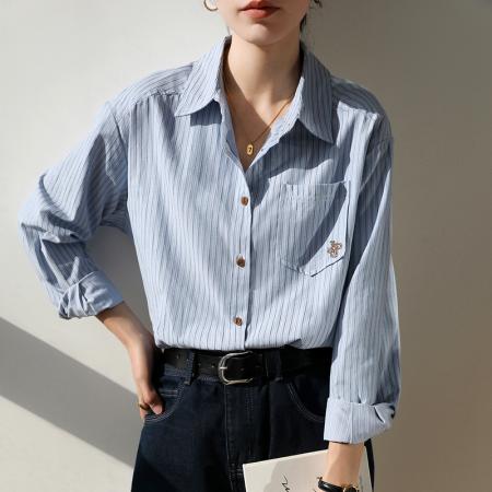 FA51835# 春秋高级感条纹衬衫女设计感小众OL职业通勤叠穿长袖衬衣 服裝批發女裝批發服飾貨源